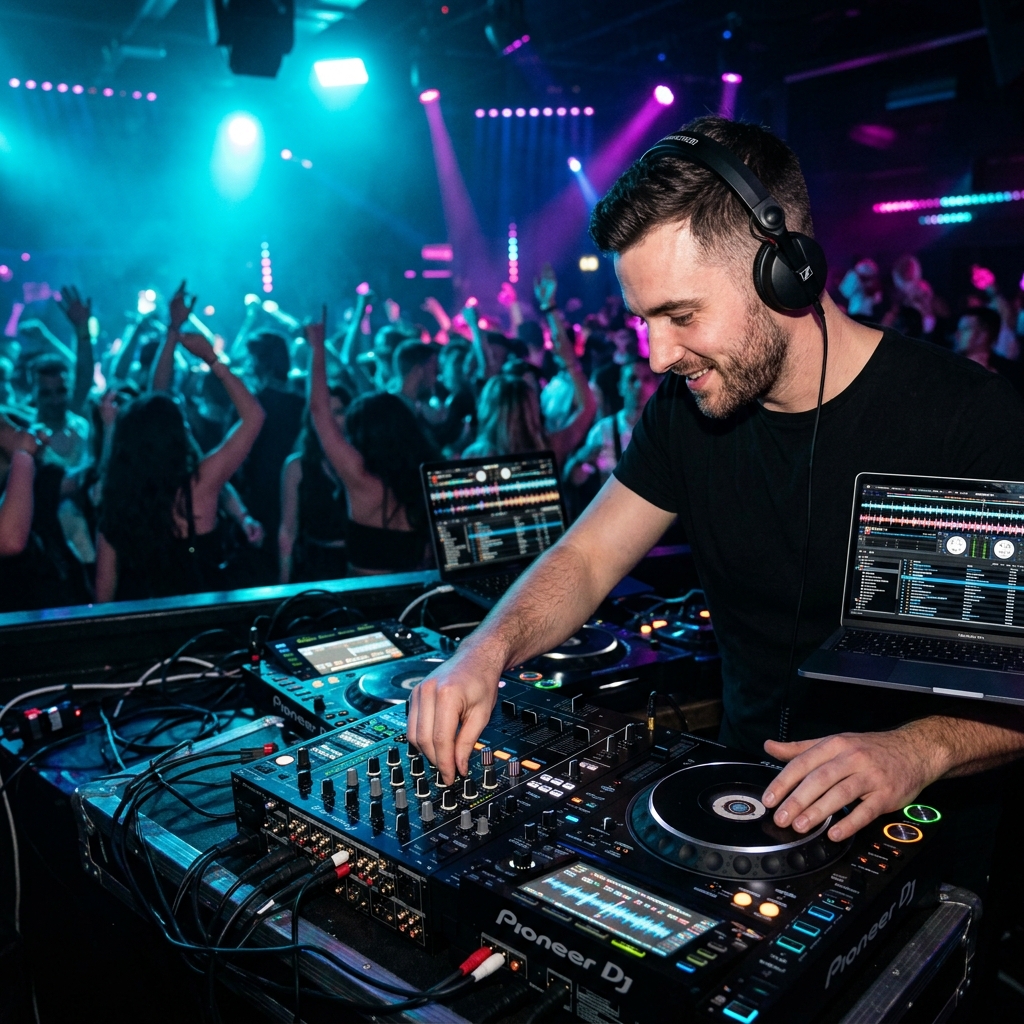 DJ Stargate (Björn E.) lächelnd hinter seinem DJ-Mischpult bei einem Event