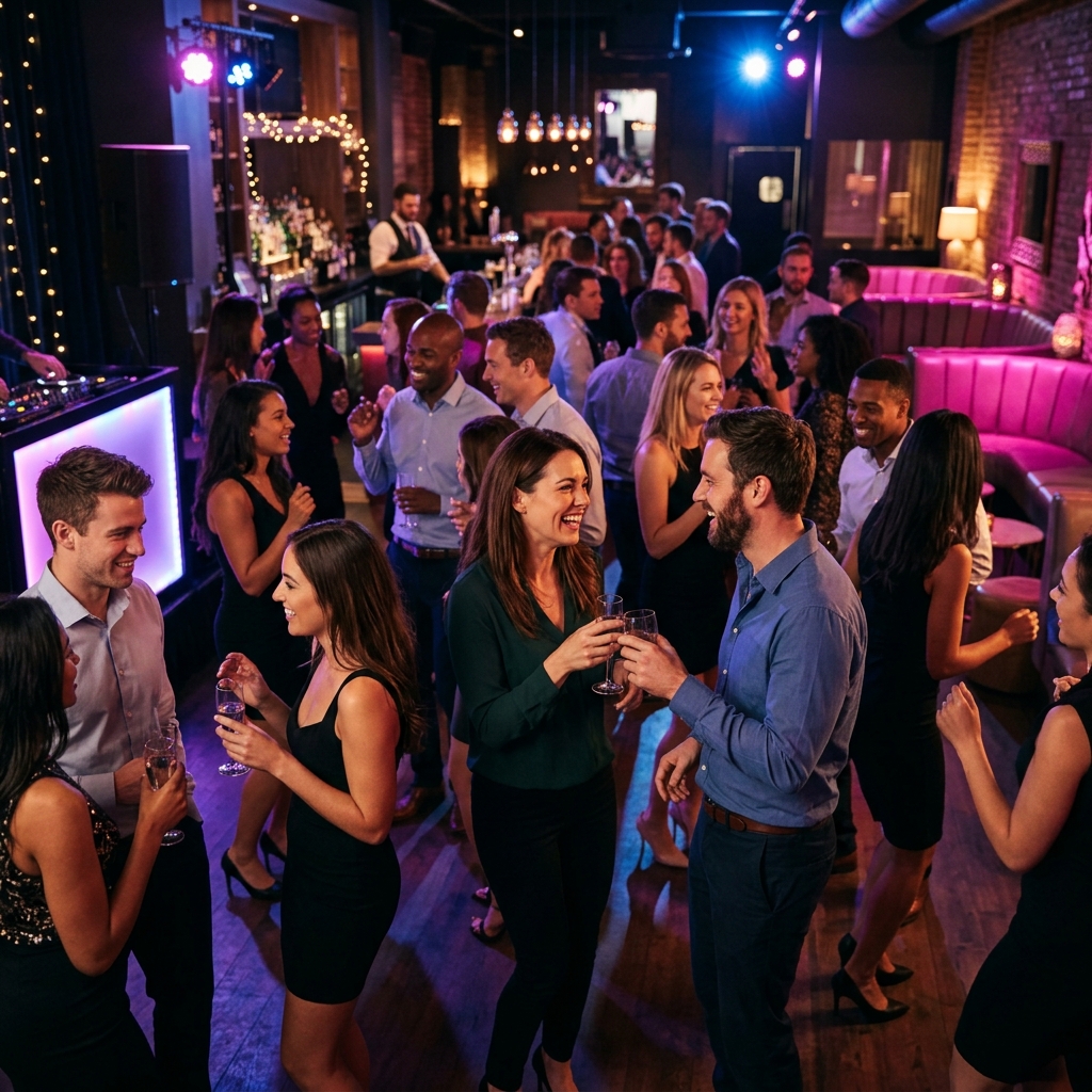 Lebendige und lockere Partyatmosphäre mit pinker Beleuchtung bei einer Mega Single Party